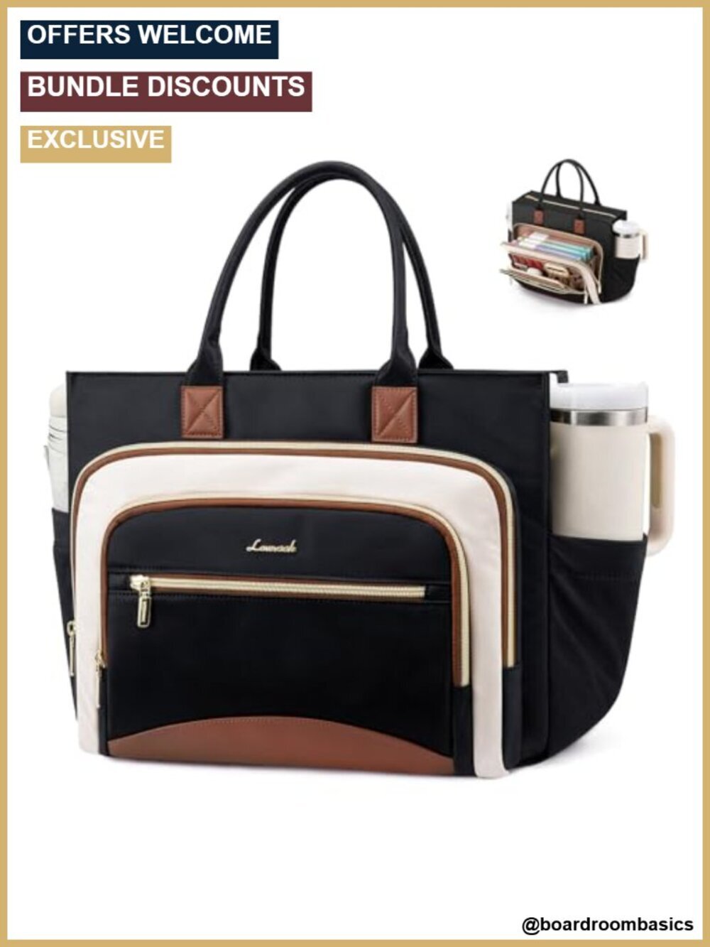 Faux Leather Laptop Tote Bag with Cup Holder & File Organizer